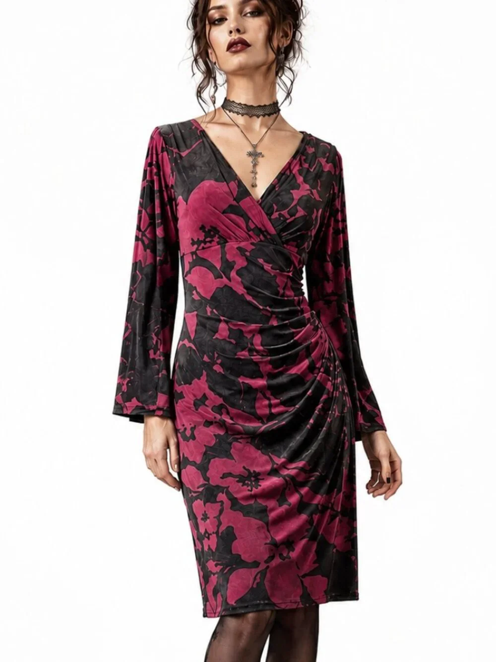 Ralph Lauren Moody Floral Dress Large 10 Black Red Dark Romance Vamp Whimsigoth - Picture 1 of 9